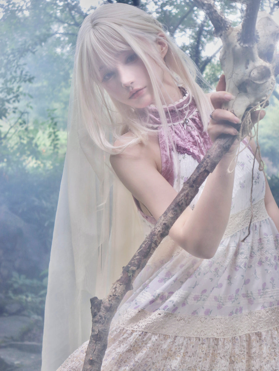 【ROSE ISLAND】Elf Vine Embroidery Hanging Neck Splicing Floral Dress Fairycore