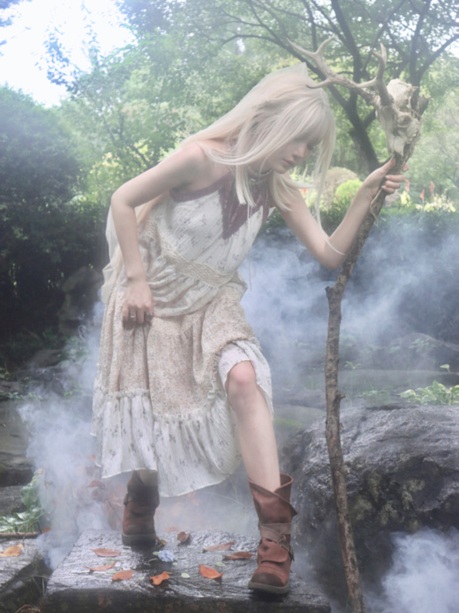 【ROSE ISLAND】Elf Vine Embroidery Hanging Neck Splicing Floral Dress Fairycore