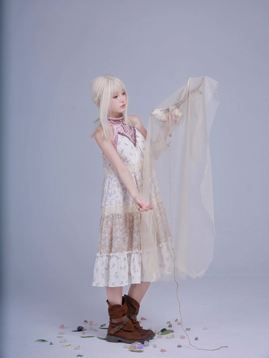 【ROSE ISLAND】Elf Vine Embroidery Hanging Neck Splicing Floral Dress Fairycore