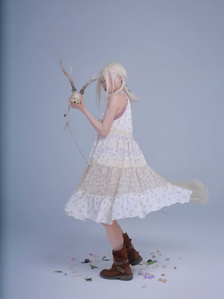 【ROSE ISLAND】Elf Vine Embroidery Hanging Neck Splicing Floral Dress Fairycore