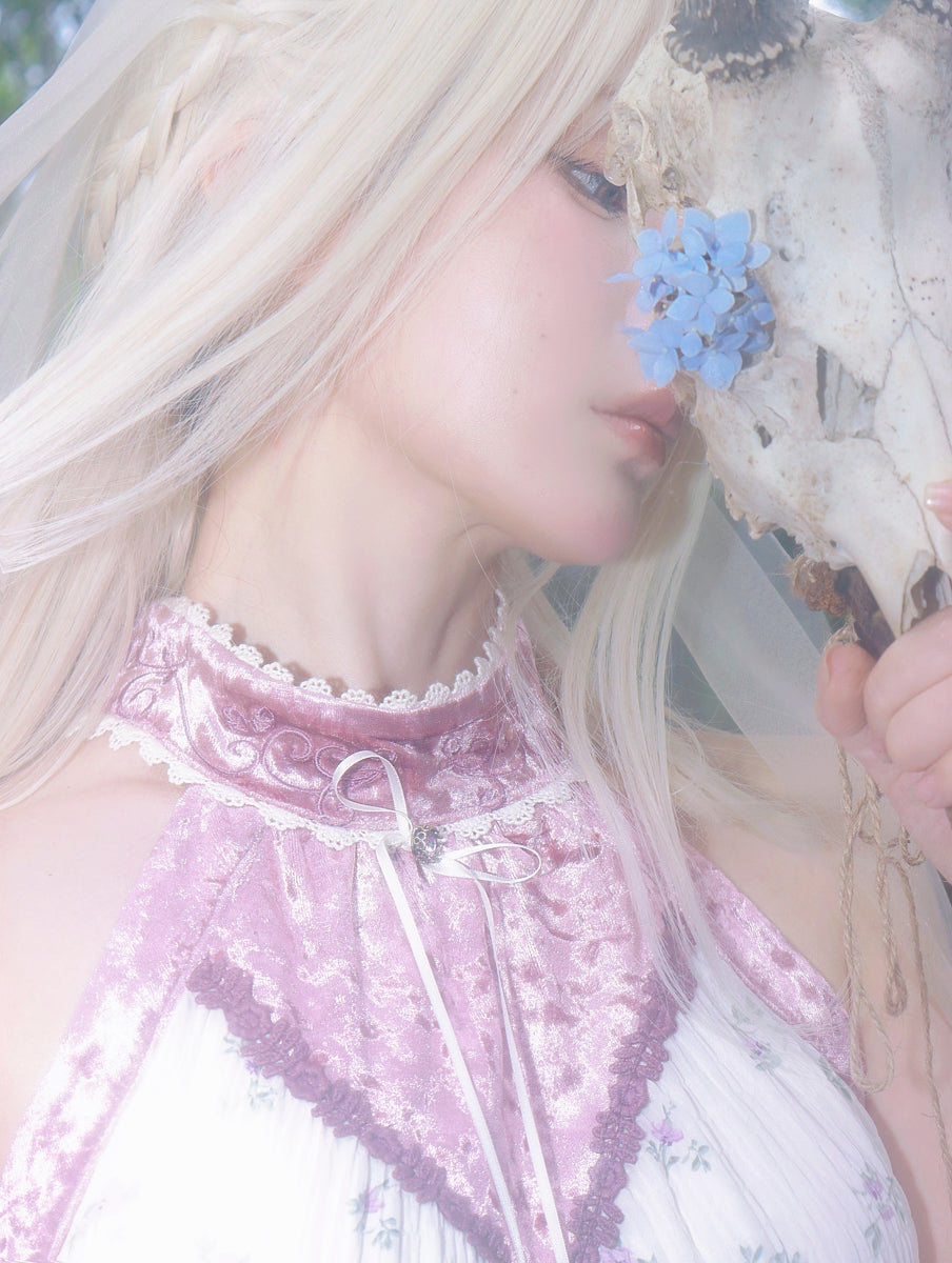 【ROSE ISLAND】Elf Vine Embroidery Hanging Neck Splicing Floral Dress Fairycore