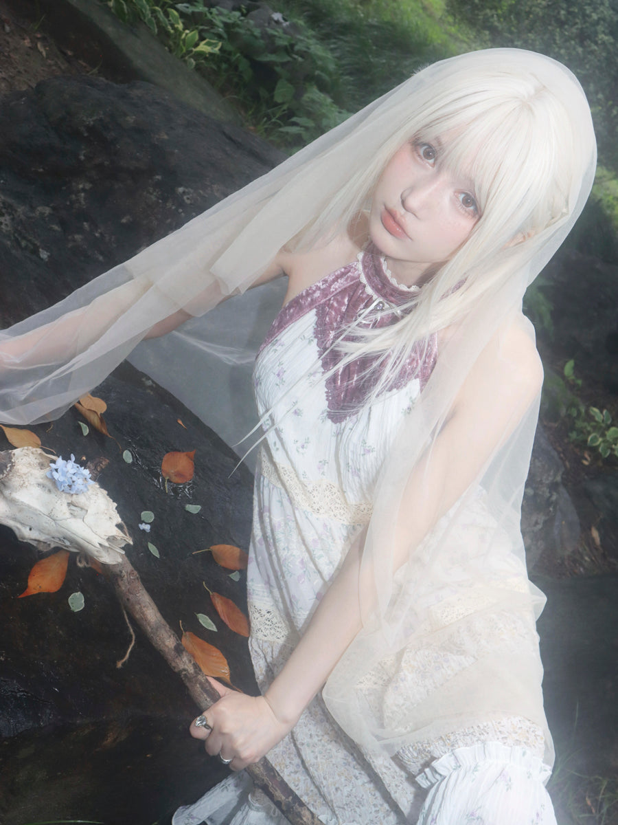 【ROSE ISLAND】Elf Vine Embroidery Hanging Neck Splicing Floral Dress Fairycore