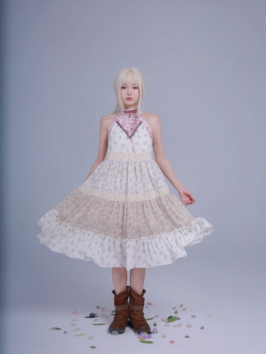 【ROSE ISLAND】Elf Vine Embroidery Hanging Neck Splicing Floral Dress Fairycore