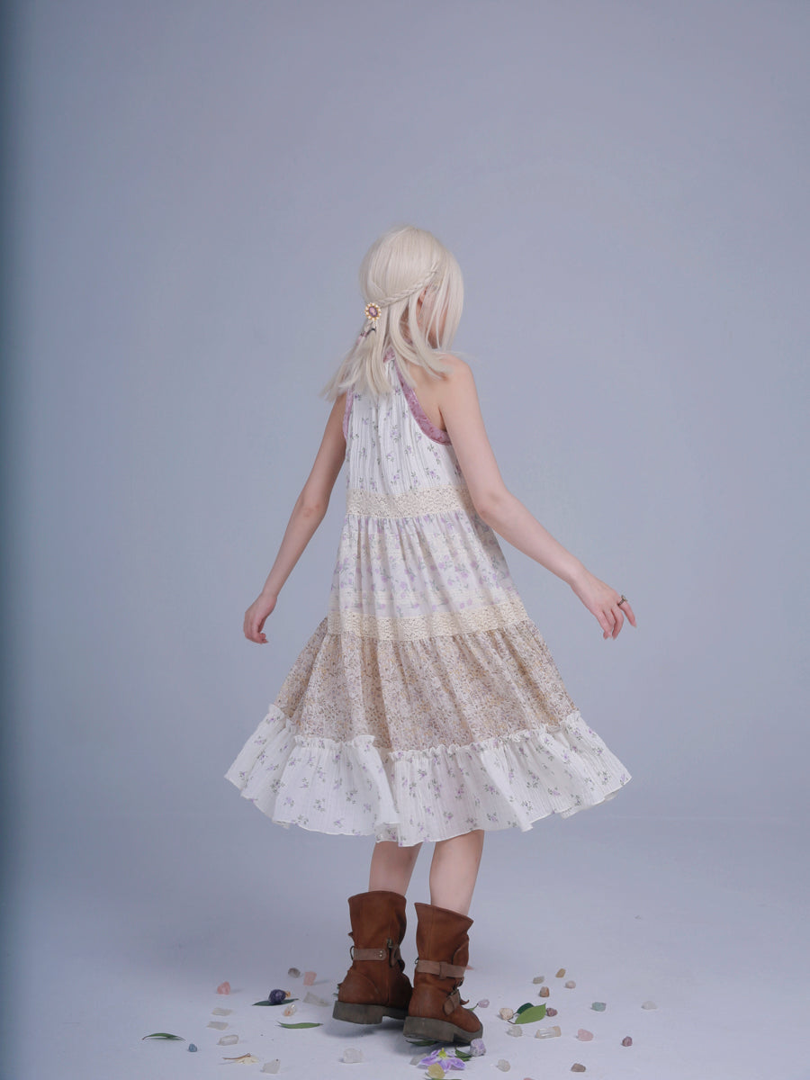 【ROSE ISLAND】Elf Vine Embroidery Hanging Neck Splicing Floral Dress Fairycore