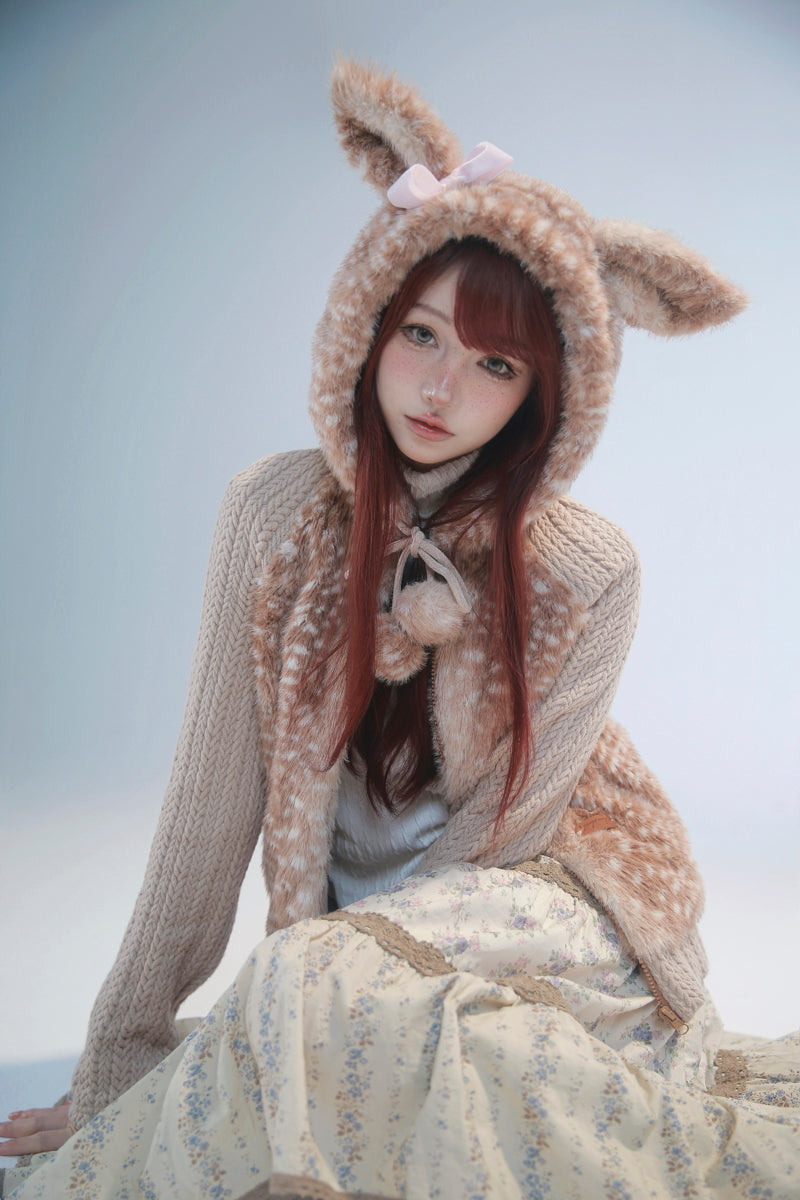 【rose island】City Elf flower cluster deer artificial fur splicing knitted hooded jacket