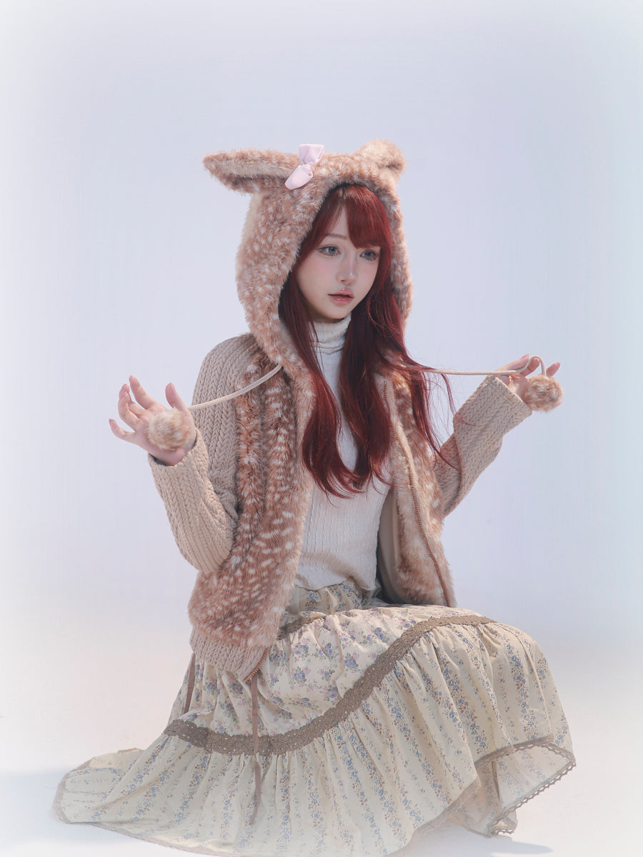 【rose island】City Elf flower cluster deer artificial fur splicing knitted hooded jacket