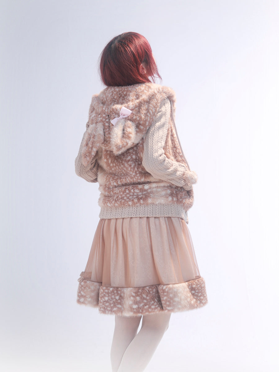 【rose island】City Elf flower cluster deer artificial fur splicing knitted hooded jacket