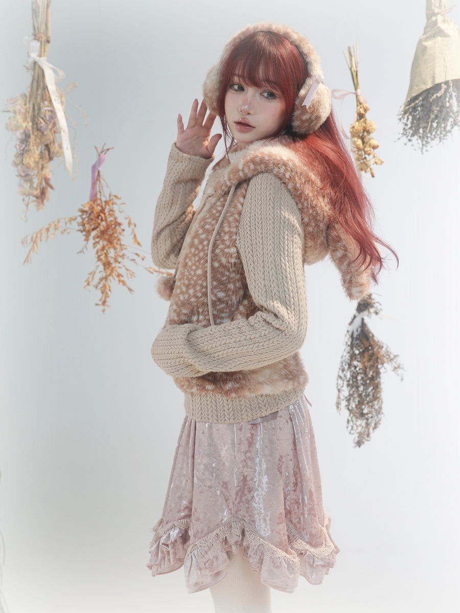 【rose island】City Elf flower cluster deer artificial fur splicing knitted hooded jacket