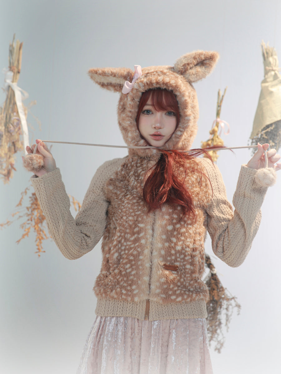 【rose island】City Elf flower cluster deer artificial fur splicing knitted hooded jacket
