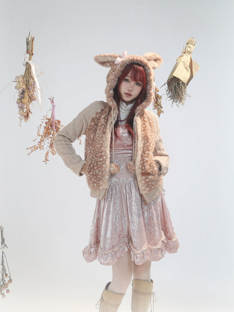 【rose island】City Elf flower cluster deer artificial fur splicing knitted hooded jacket