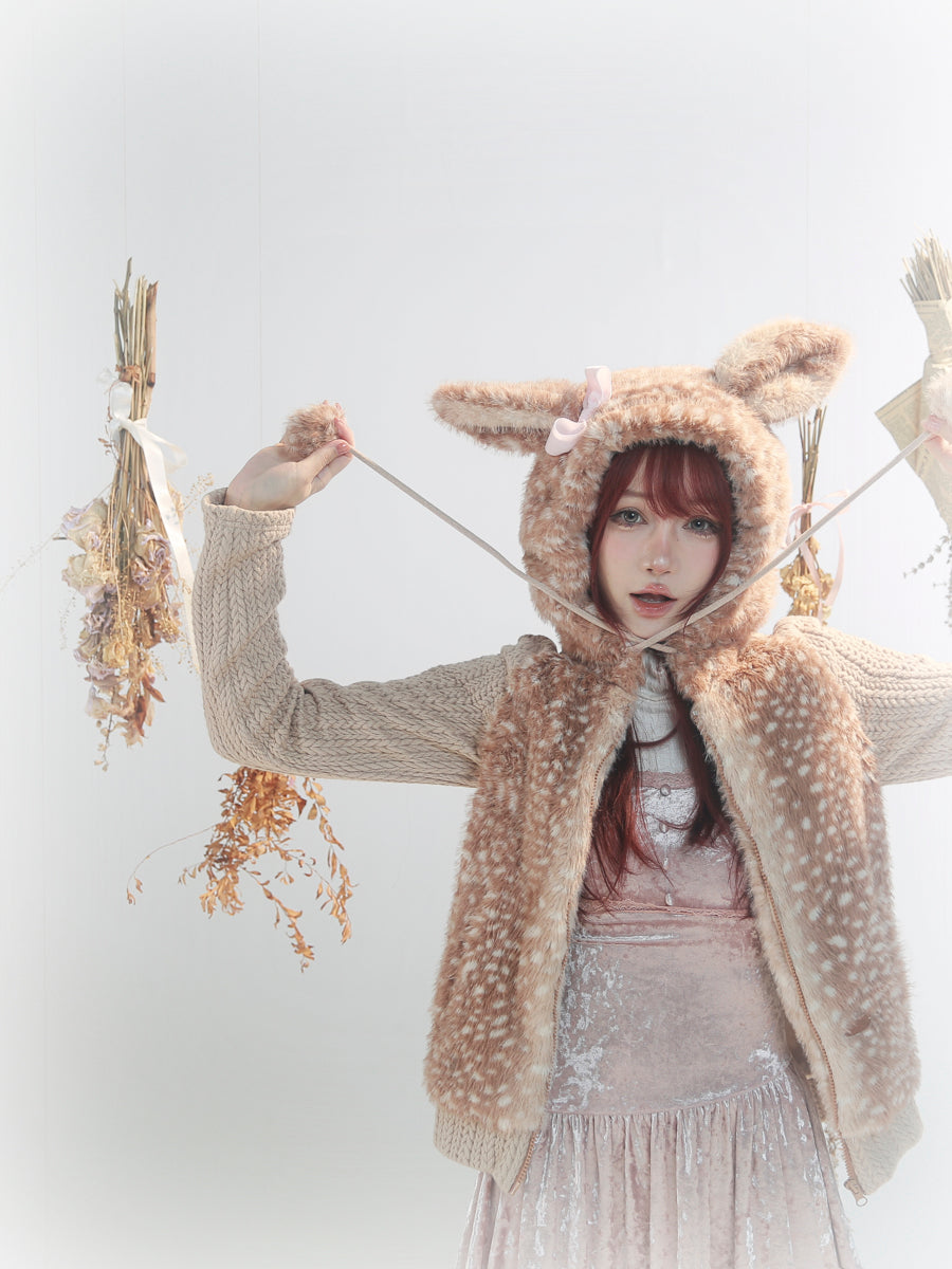 【rose island】City Elf flower cluster deer artificial fur splicing knitted hooded jacket