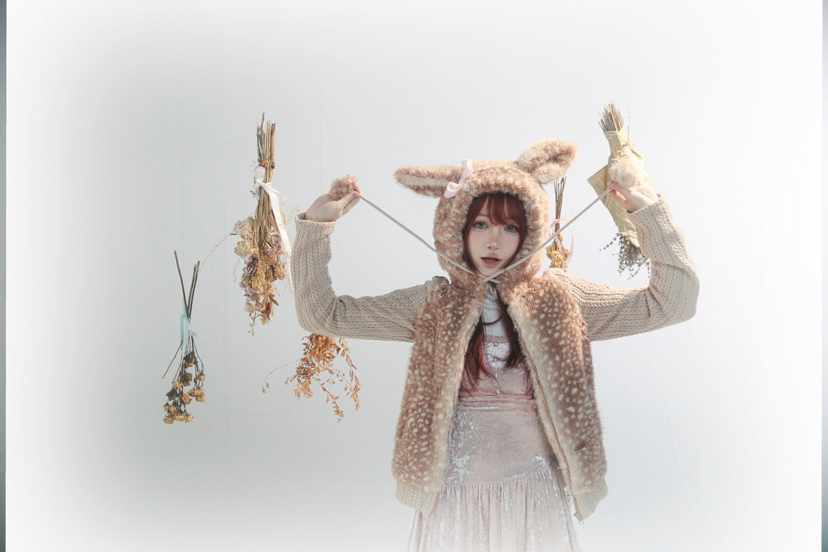 【rose island】City Elf flower cluster deer artificial fur splicing knitted hooded jacket