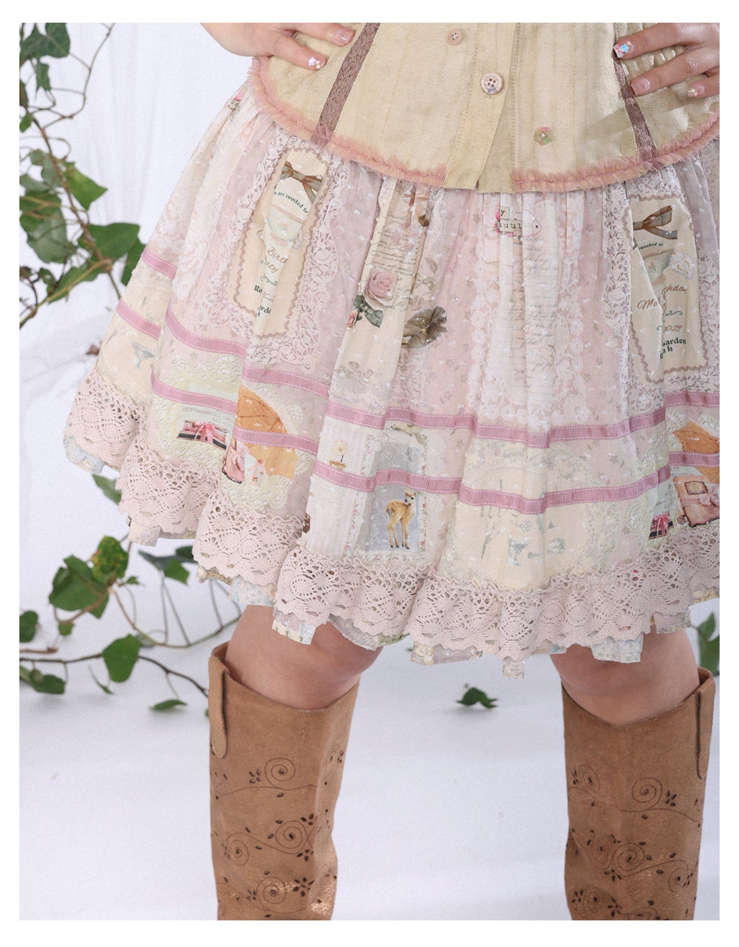 Rosé Isle Little Island Postman Retro Print Patchwork Design Lace Trim Decorated Skirt