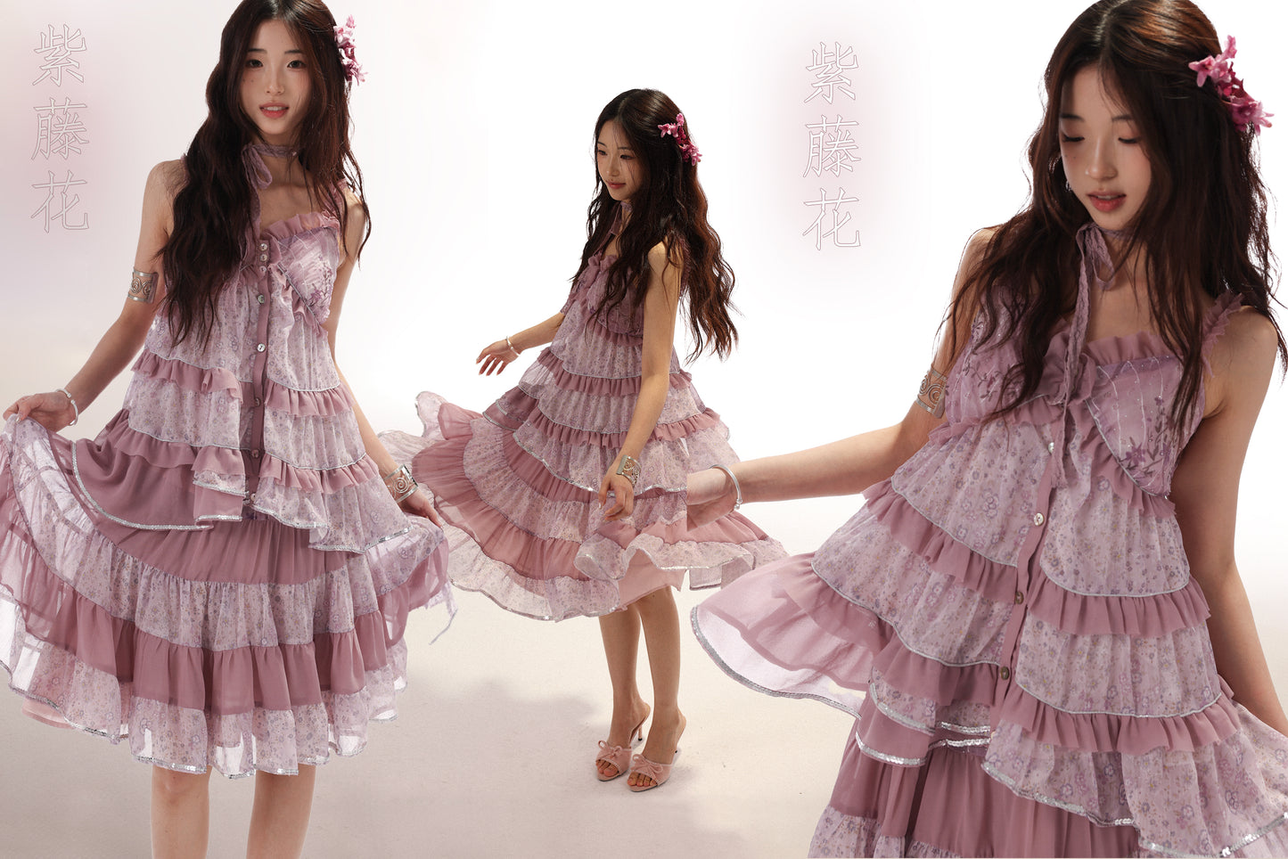[ROSE ISLAND] Ziyanghua Section Floral Chiffon A-Line Large Swing Panel Spliced Sequin Top