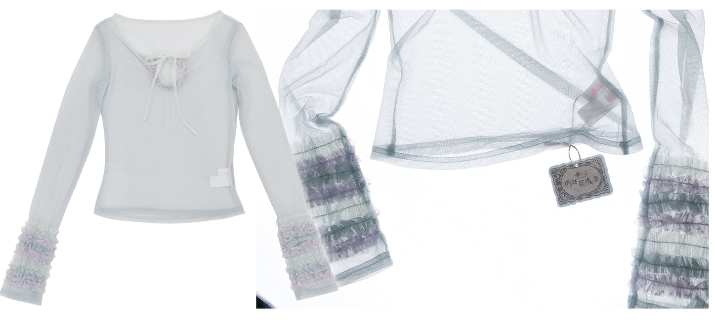 [Rose Island] Layer upon layer of islands, color-blocked ruffled edges, elastic layered double-color base shirt, light and transparent feel layered inside and out