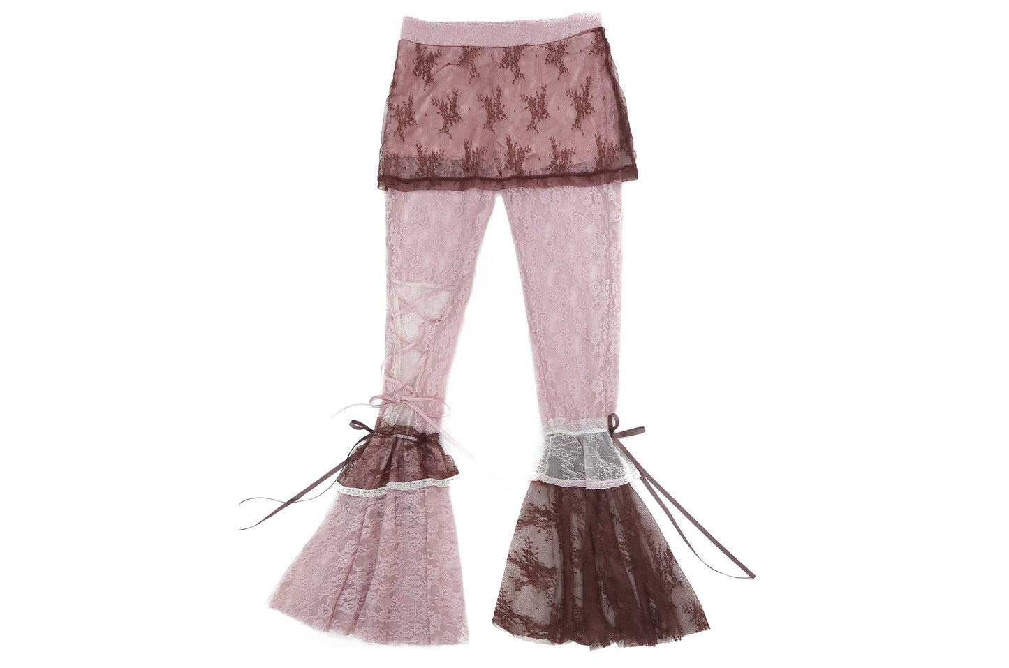 [Rose Island] Irregular Patchwork Lace Mesh Flared Pants Vintage Style Brown Version