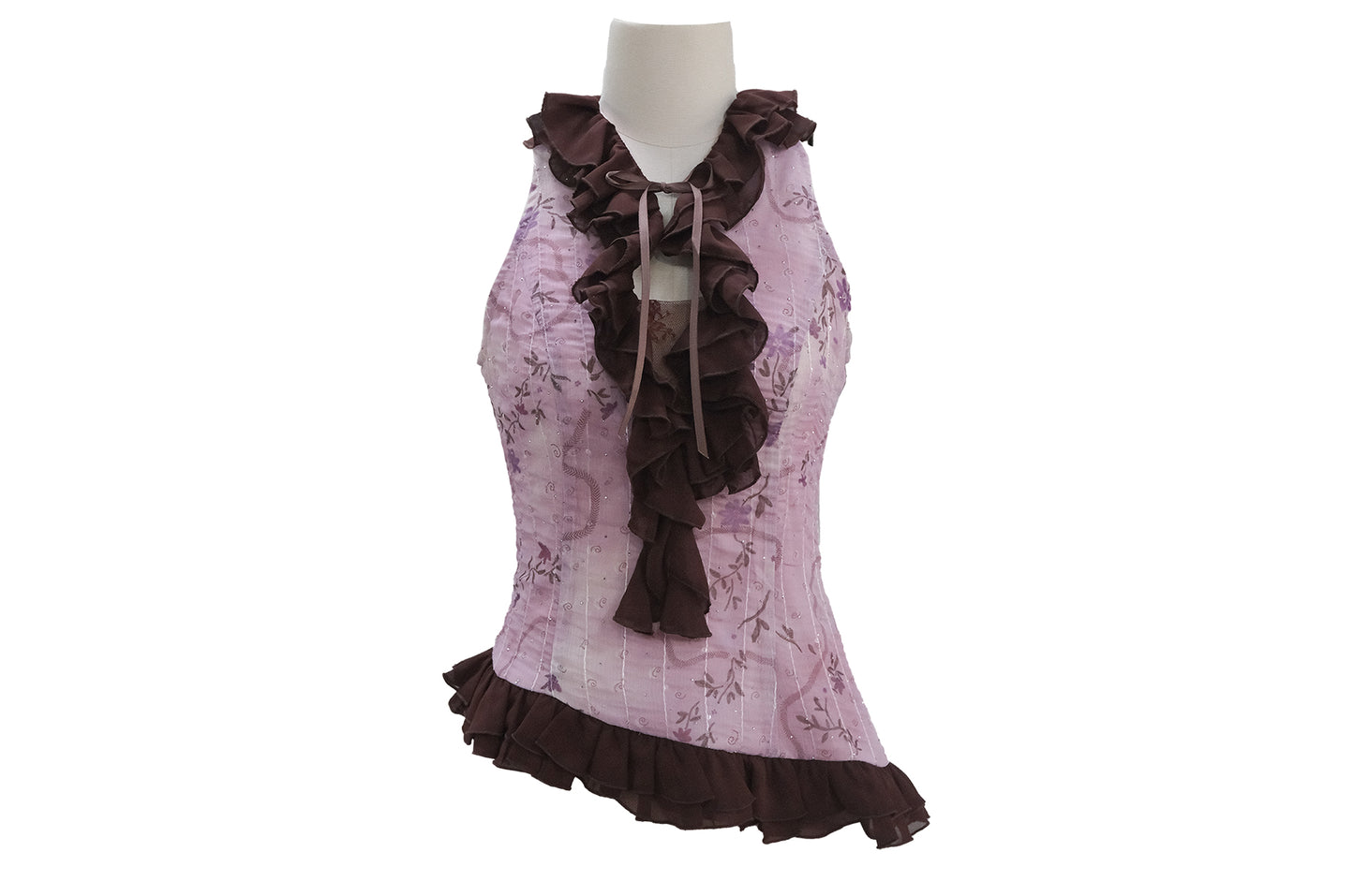 [Rose Island] Shiny Floral Halter Ruffle Edge V-Neck Retro Sweet Waist-Cinching Off-Shoulder Top