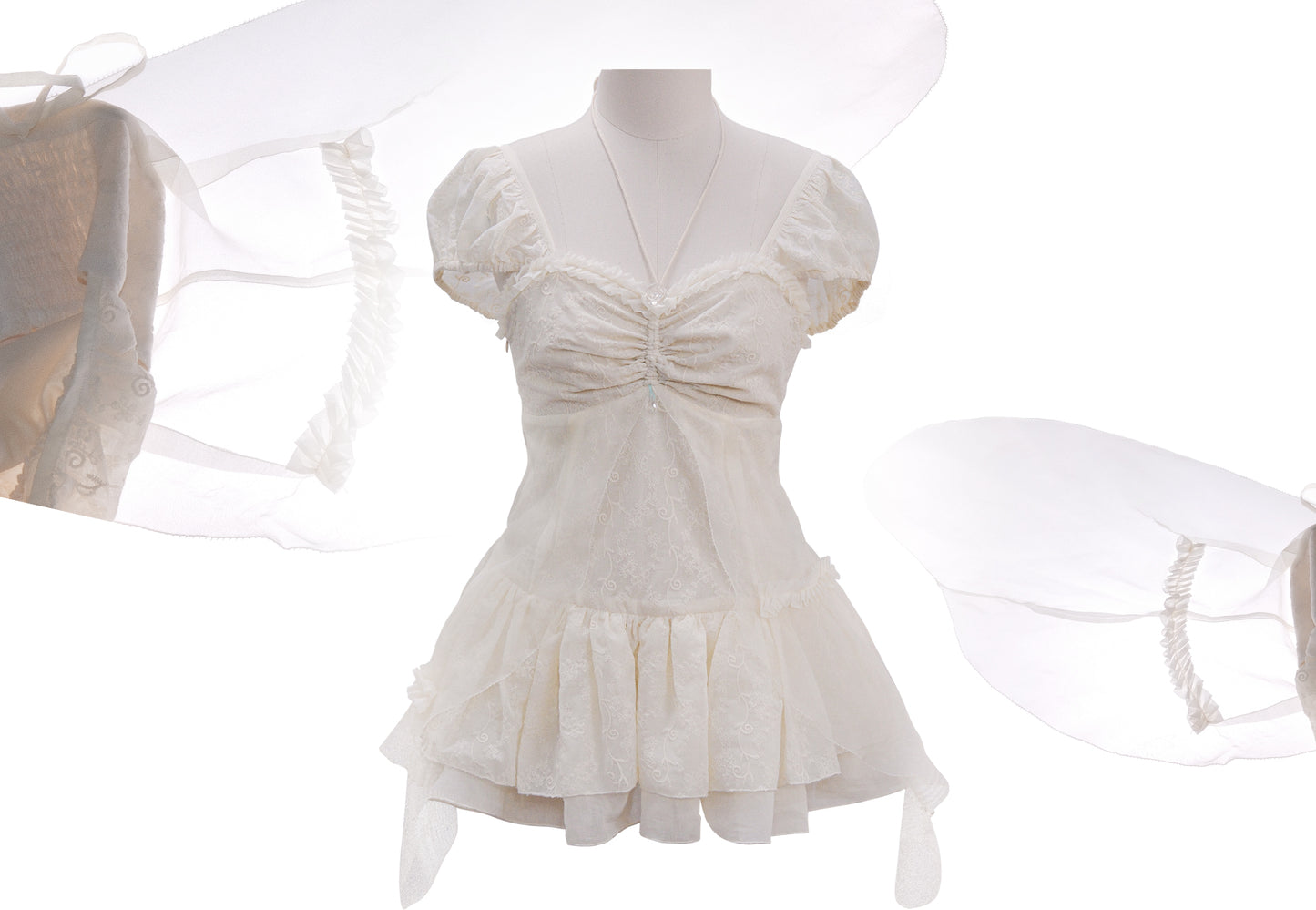 [Rose Island] Silk Wings Vine Embroidery Texture Shoulder-Covering Short Top Transparent Silk Wings