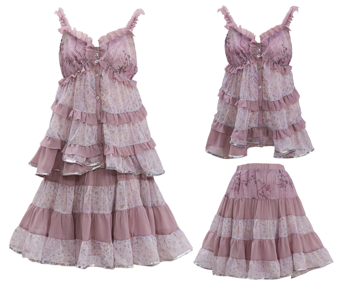 [ROSE ISLAND] Ziyanghua Section Floral Chiffon A-Line Large Swing Panel Spliced Sequin Top