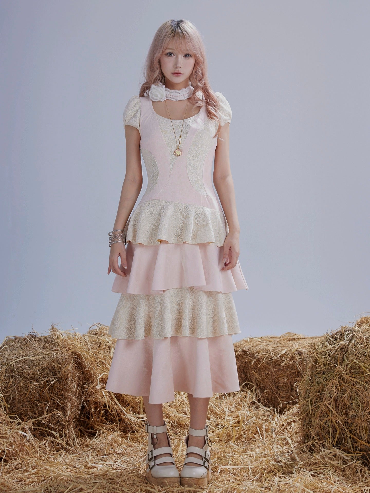 Rose Island Twin Sheep Irregular Suede Patchwork Lace Autumn and Winter Puff Sleeve Dress