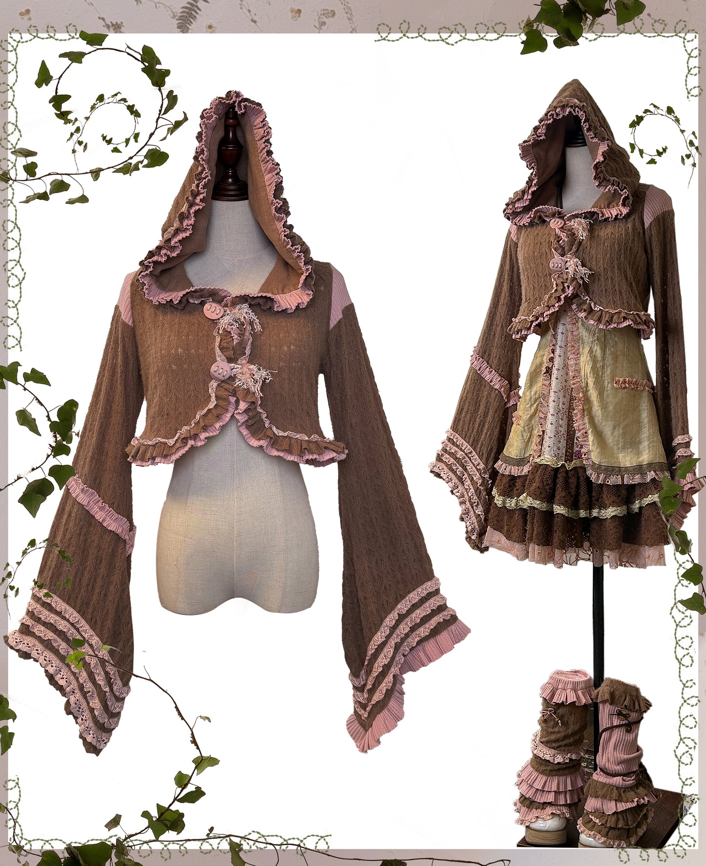 ROSE ISLAND The Witch of Naples, Flared Hat with Frilled Edges, Large Sleeve Cardigan, Plush Lace Coat