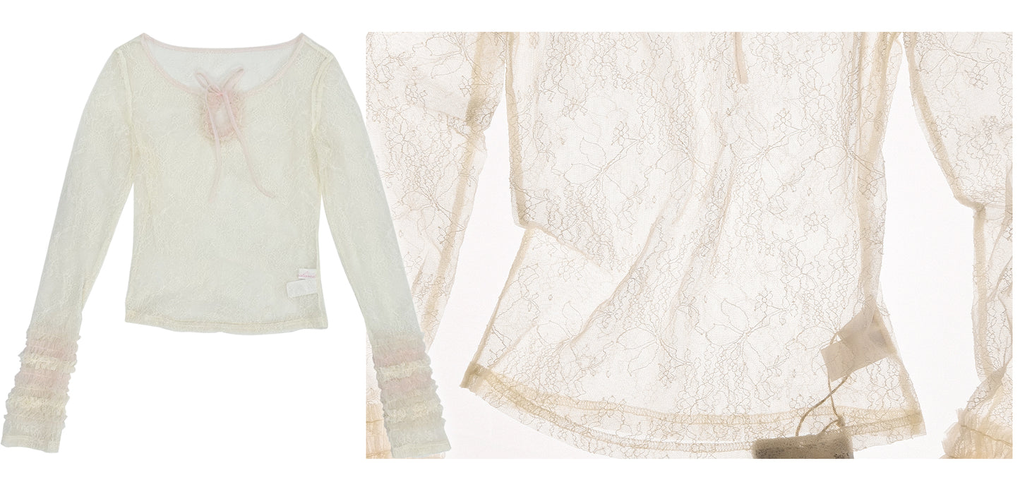 [Rose Island] Layer upon layer of islands, contrast-colored ruffled edges, elastic layered white base shirt, light and transparent feeling with inner and outer layering