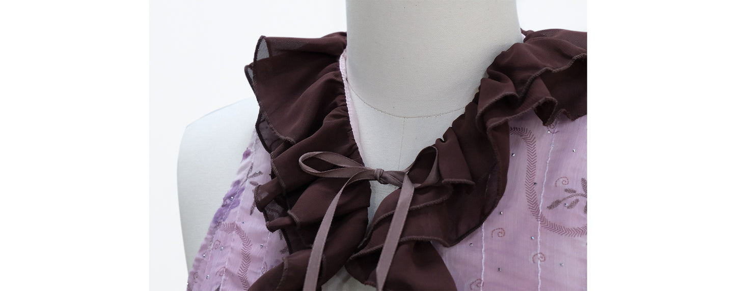 [Rose Island] Shiny Floral Halter Ruffle Edge V-Neck Retro Sweet Waist-Cinching Off-Shoulder Top