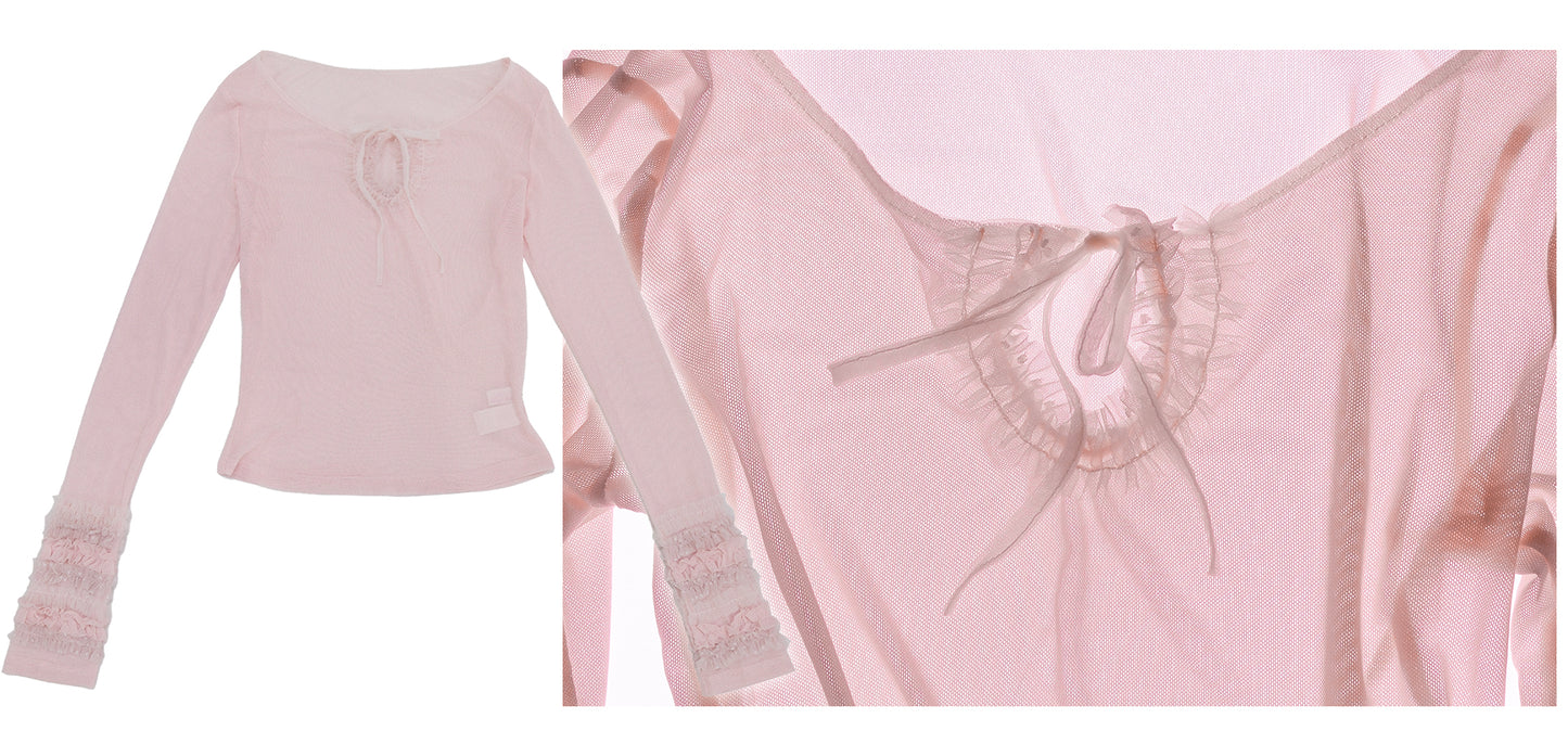 [Rose Island] Layer upon layer of islands, color-blocked ruffled edges, elastic layered double-color base shirt, light and transparent feel layered inside and out
