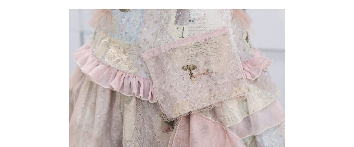 [Rose Island] Vintage lace journal, original printed irregular cotton fabric, antique-style ruffle splicing fashion slim JSK