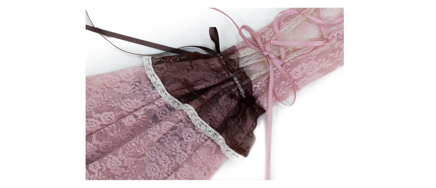 [Rose Island] Irregular Patchwork Lace Mesh Flared Pants Vintage Style Brown Version