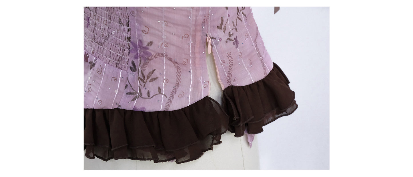 [Rose Island] Shiny Floral Halter Ruffle Edge V-Neck Retro Sweet Waist-Cinching Off-Shoulder Top