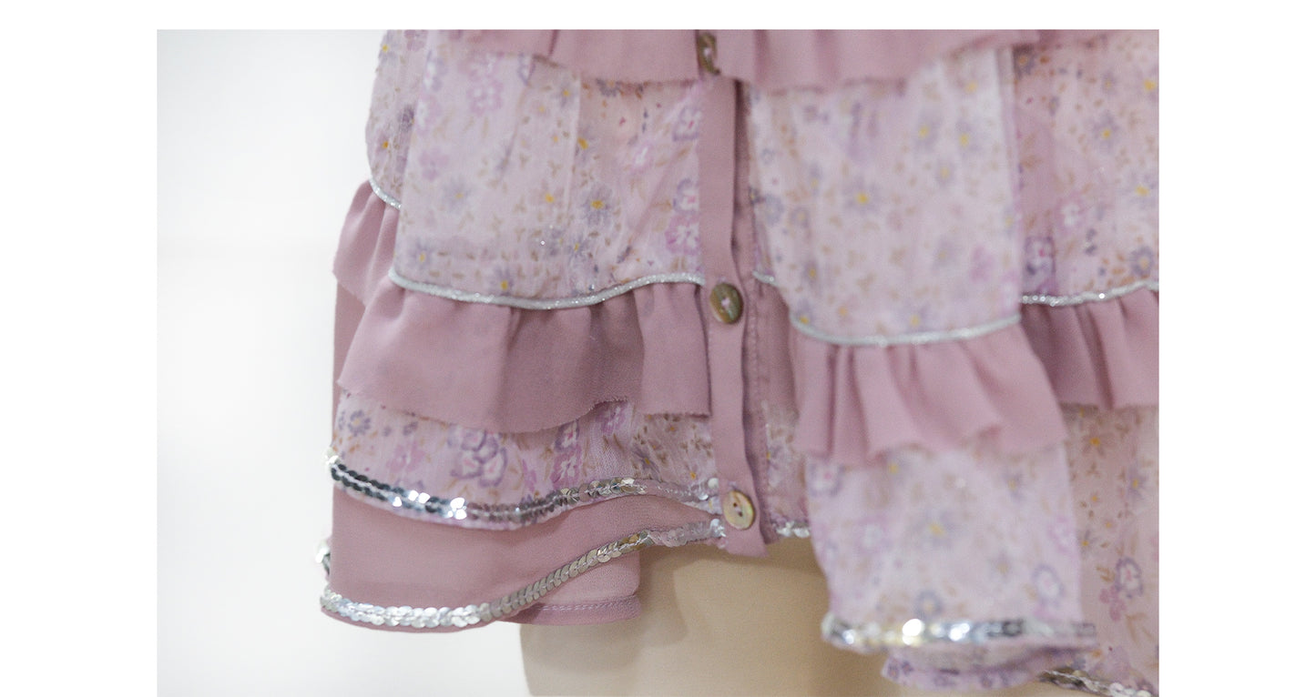 [ROSE ISLAND] Ziyanghua Section Floral Chiffon A-Line Large Swing Panel Spliced Sequin Top