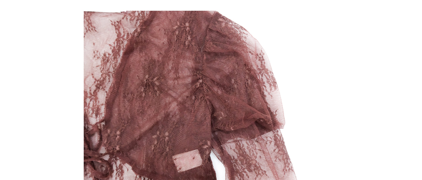 [Rose Island] Fog and Plum Lace Texture Long Sleeve Lantern Sleeve Stretch Short Cardigan