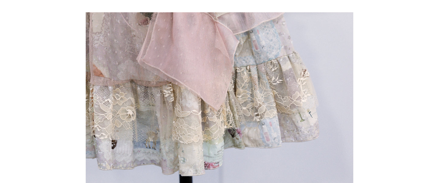 [Rose Island] Vintage lace journal, original printed irregular cotton fabric, antique-style ruffle splicing fashion slim JSK