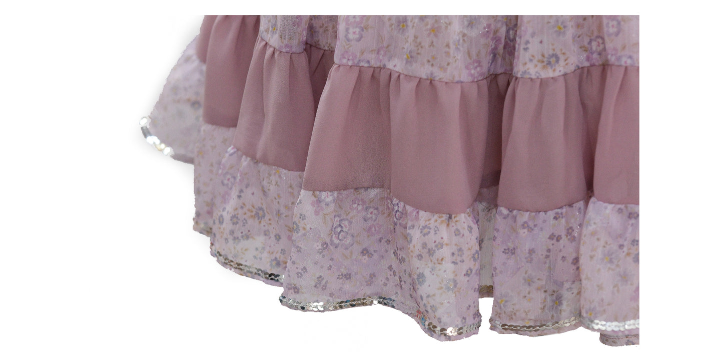 [ROSE ISLAND] Ziyanghua Section Floral Chiffon A-Line Large Swing Panel Spliced Sequin Top