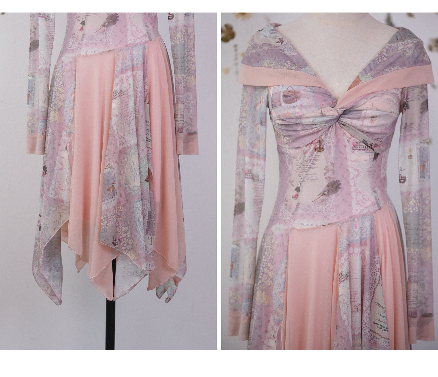 Rosé Isle Old-Time Letter Vintage Print Stretch Mesh Dress Off-Shoulder Irregular Spliced Hem