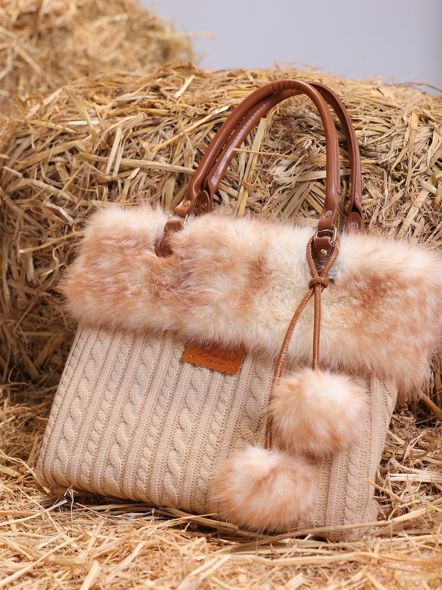 Rose Island Toto Deer Warm Eco-Friendly Fur Spliced Knitted Fabric Tote Bag, Large Capacity for Commuting