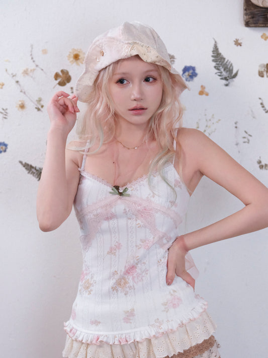 Rosé Isle Pure Cotton Rose Floral Layered Lace Summer Stretchy Strappy Off-Shoulder Vest-pink