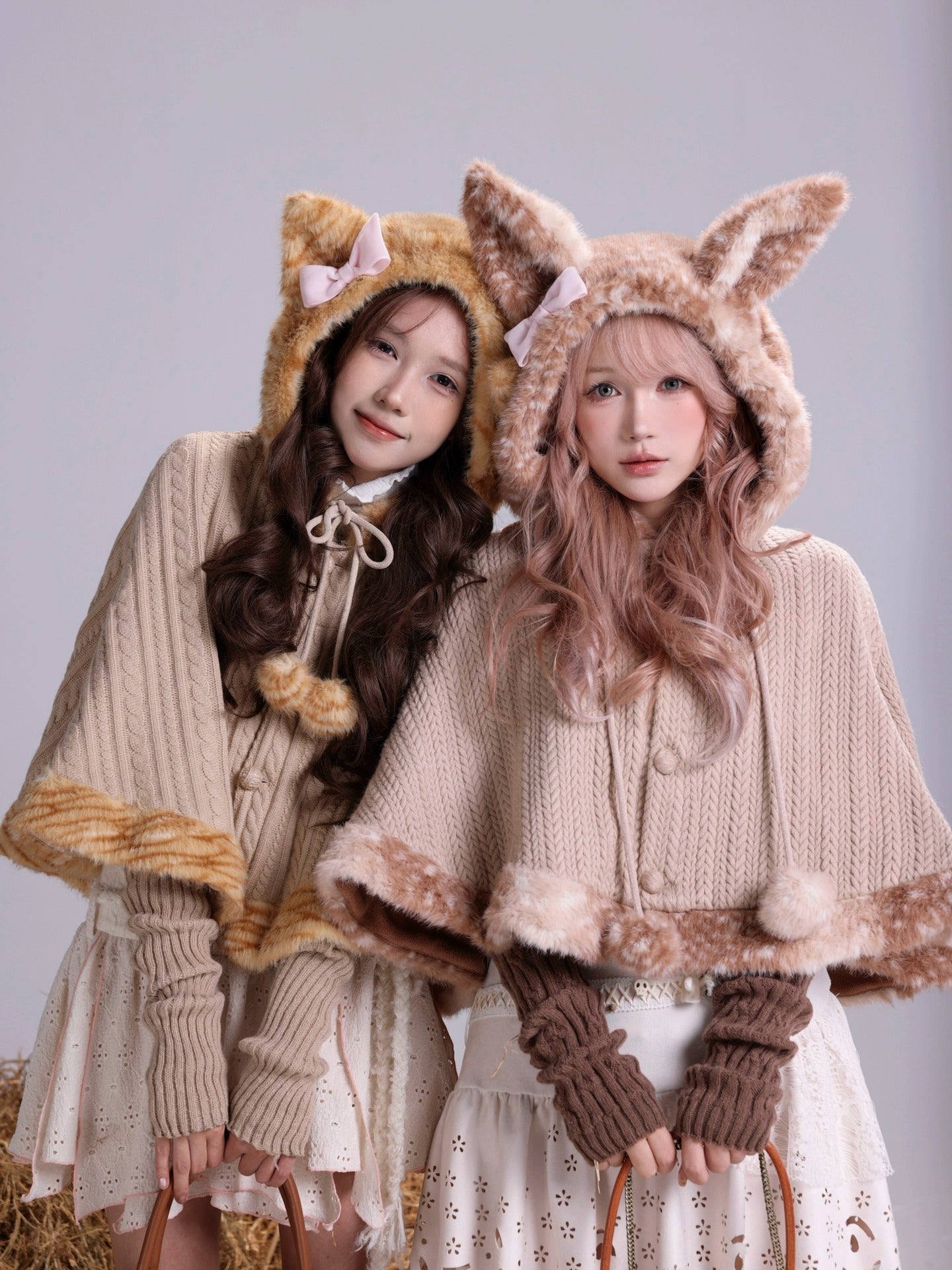 Rose Island Orange Cat Winter Fur-patch Knit Fleece-lined Versatile Forest-style Cape Exclusive Design