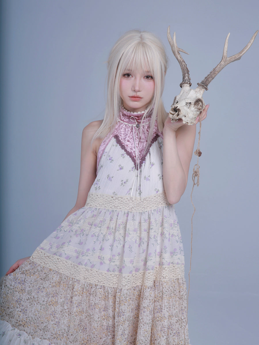 【ROSE ISLAND】Elf Vine Embroidery Hanging Neck Splicing Floral Dress  Fairycore