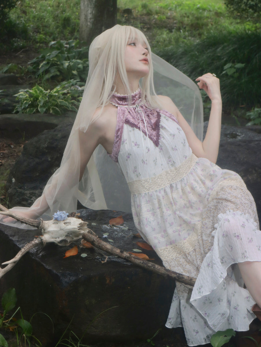 【ROSE ISLAND】Elf Vine Embroidery Hanging Neck Splicing Floral Dress  Fairycore