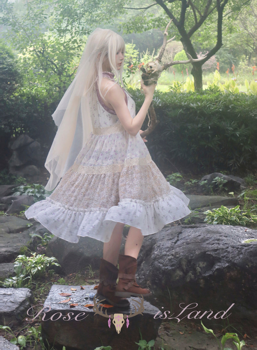 【ROSE ISLAND】Elf Vine Embroidery Hanging Neck Splicing Floral Dress  Fairycore