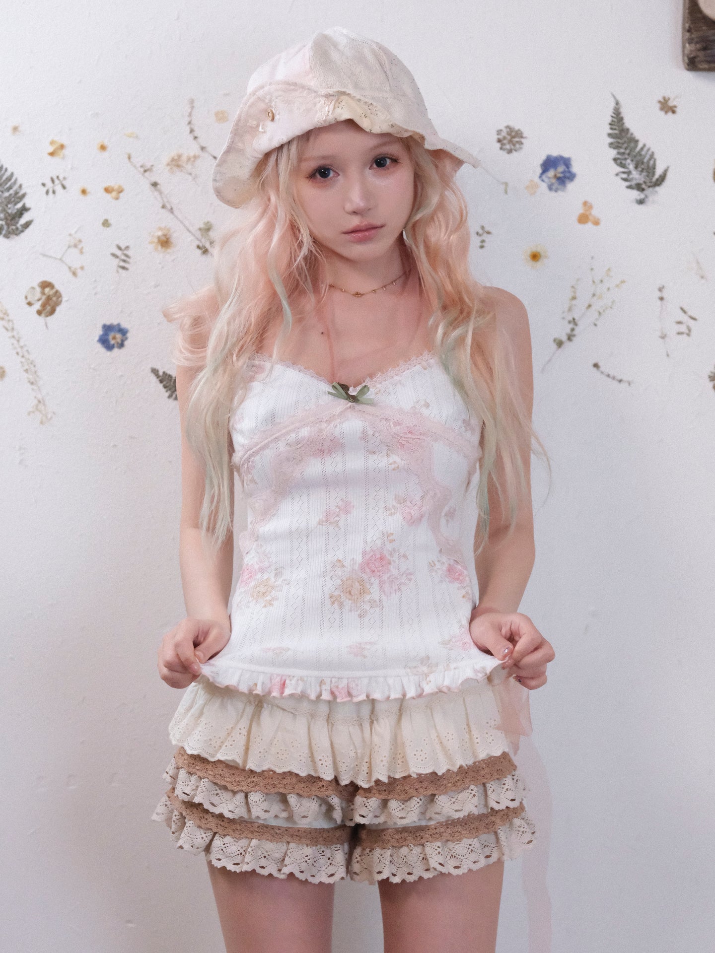 Rosé Isle Pure Cotton Rose Floral Layered Lace Summer Stretchy Strappy Off-Shoulder Vest-pink