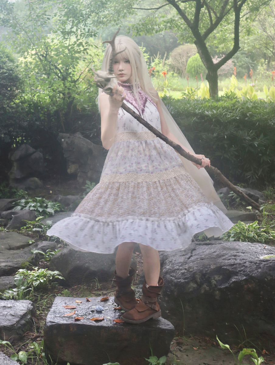【ROSE ISLAND】Elf Vine Embroidery Hanging Neck Splicing Floral Dress  Fairycore