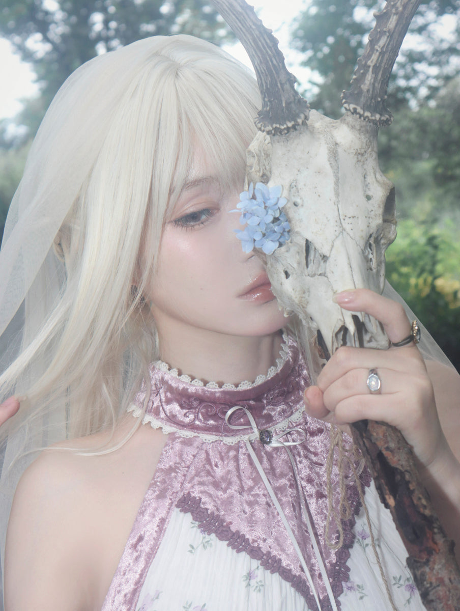 【ROSE ISLAND】Elf Vine Embroidery Hanging Neck Splicing Floral Dress  Fairycore
