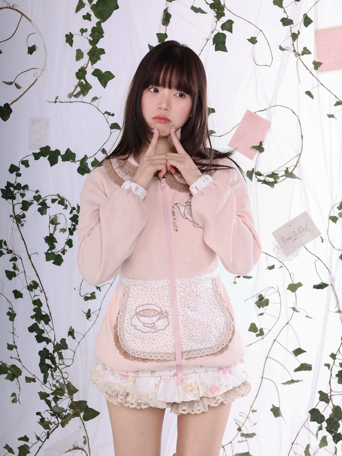 ROSE ISLAND Bubble Teapot Faux Apron Pocket Design, Loose and Comfortable Doll Collar Cardigan Sweatshirt Jacket,Floral Tea