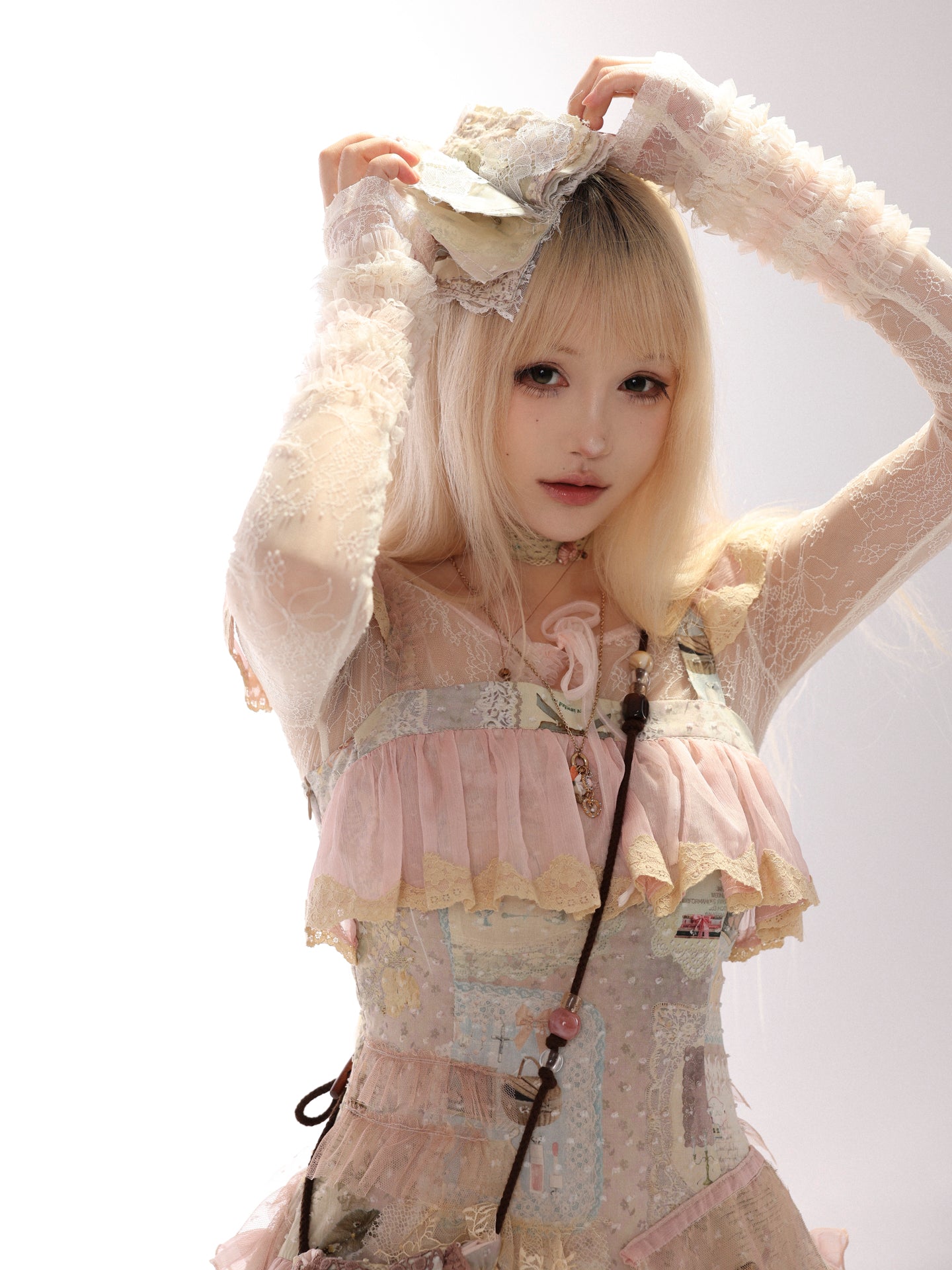 [Rose Island] Vintage lace journal, original printed irregular cotton fabric, antique-style ruffle splicing fashion slim JSK
