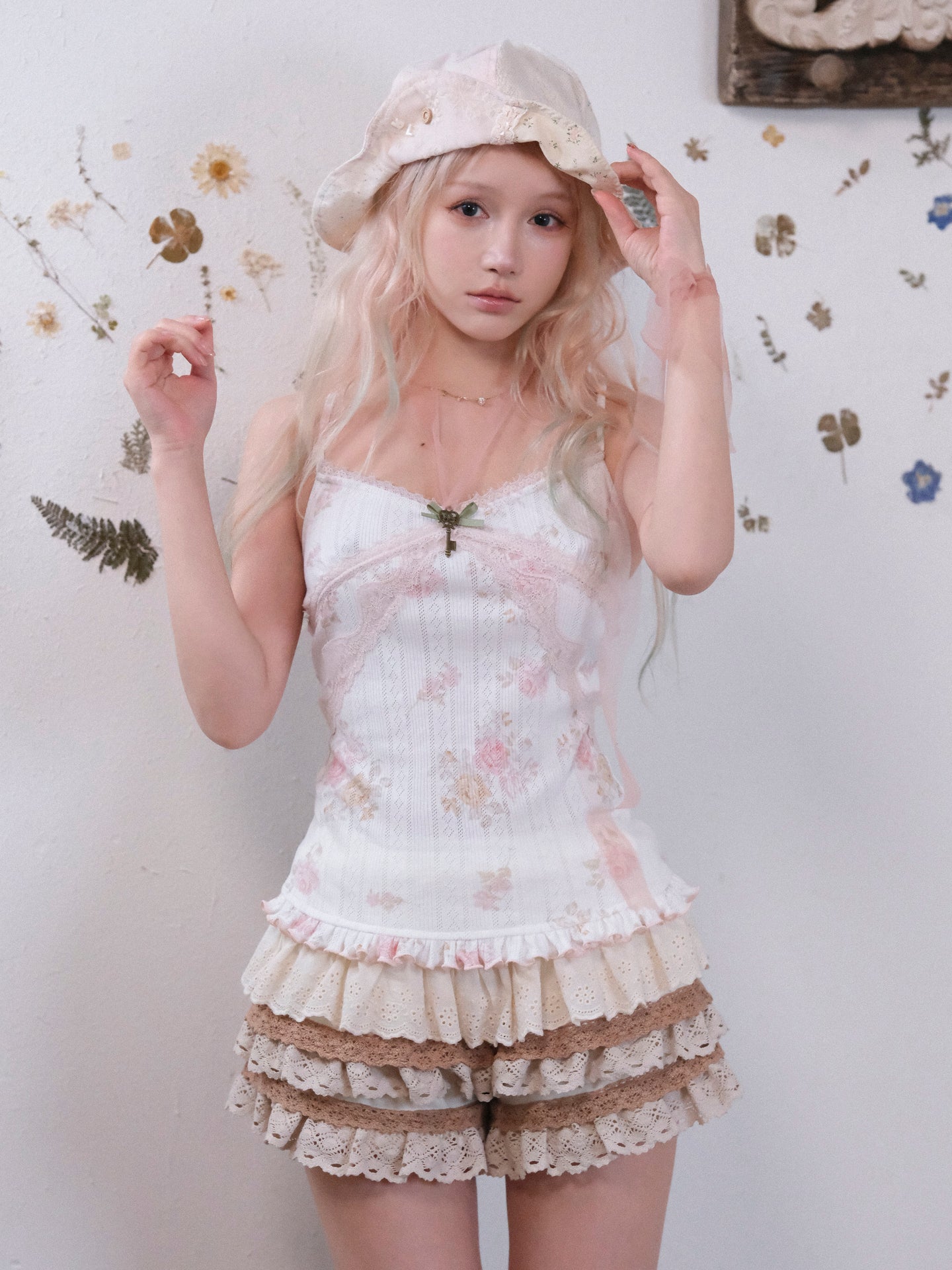 Rosé Isle Pure Cotton Rose Floral Layered Lace Summer Stretchy Strappy Off-Shoulder Vest-pink