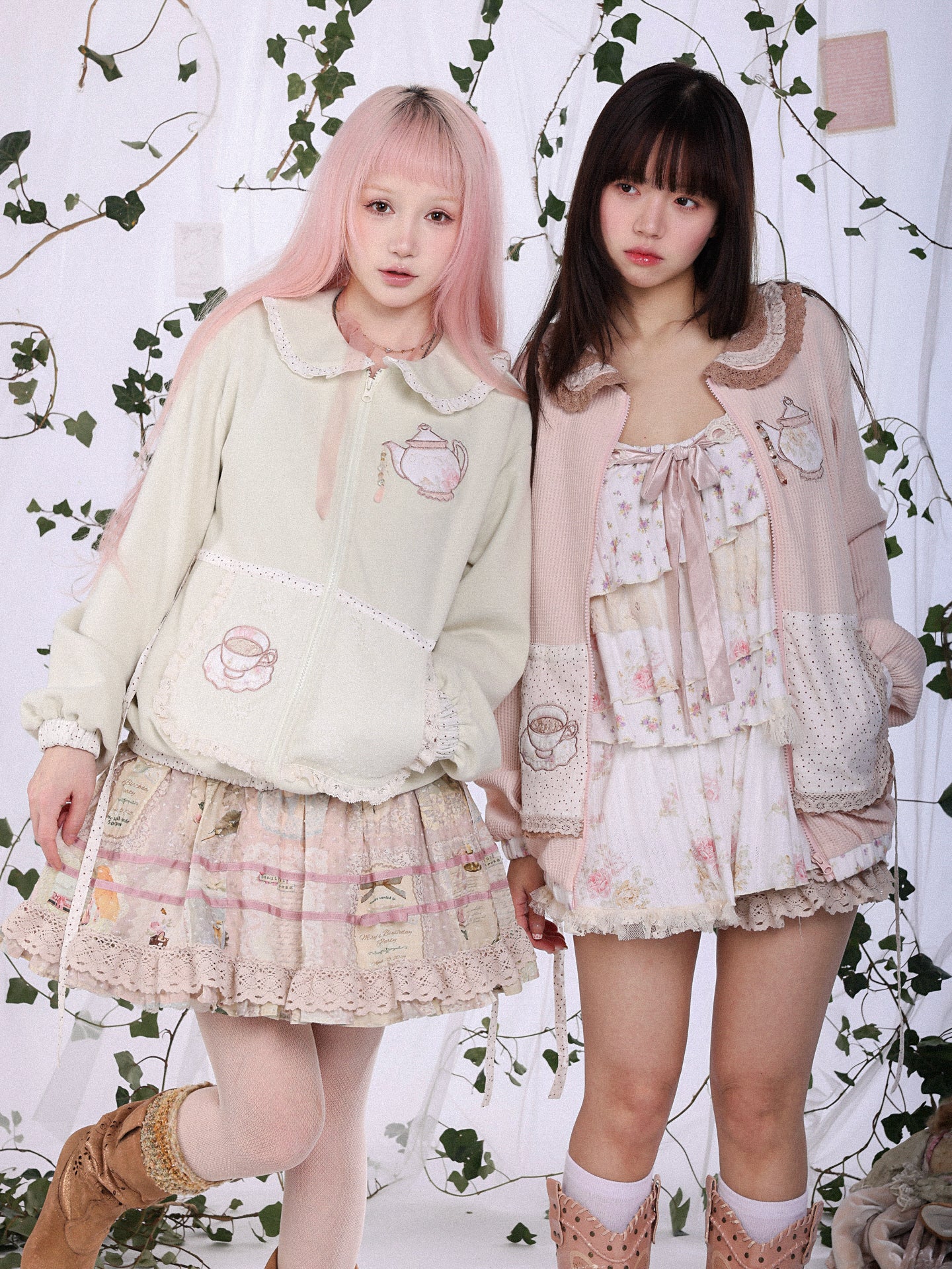 ROSE ISLAND Bubble Teapot Fake Apron Pocket Design Sense Loose Comfortable Doll Collar Cardigan Sweatshirt Jacket,matcha