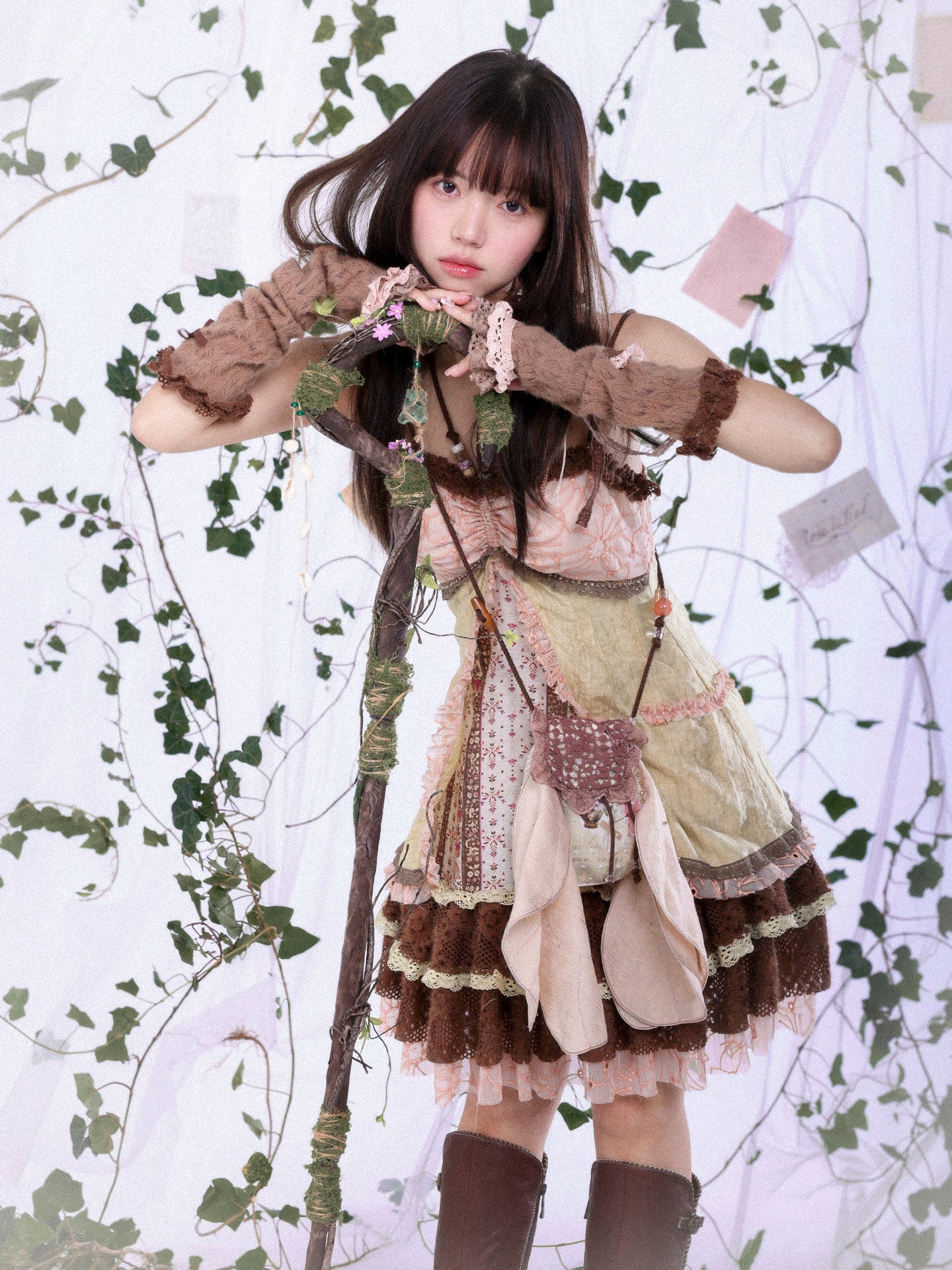 ROSE ISLAND Fairycore Sprout Spring Crystal Beaded Button-Up Elf-Inspired Fitted Dress